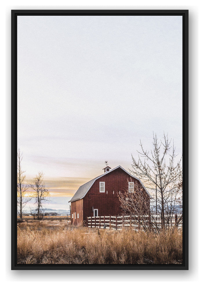 Rustic Barn Sunrise 24x36 Black Floating Framed Canvas
