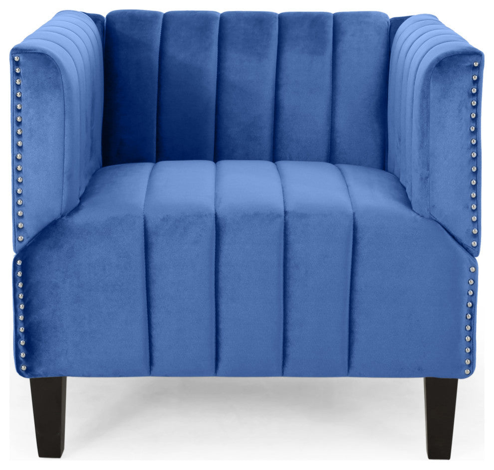 Judson Channel Stitch Velvet Club Chair, Navy Blue, Dark Brown