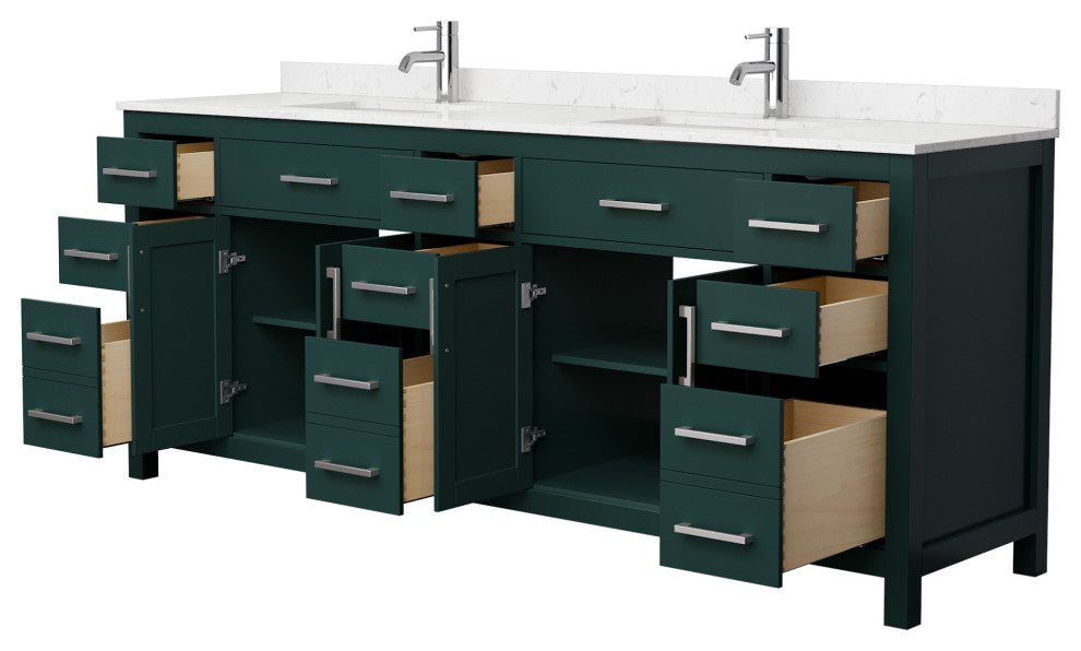 84"DBL Bathroom Vanity Green, Carrara Cult.Marble Countertop, Sinks, Nickel Trim