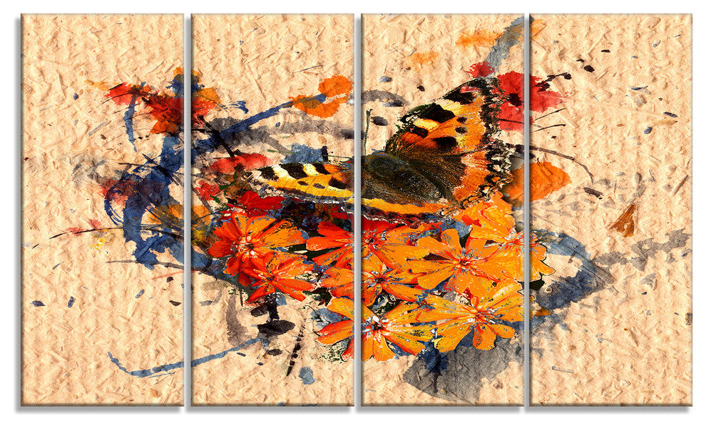 Butterfly and Abstract Art on Paper, Floral Art Canvas Print, 48"x28", 4 Panels