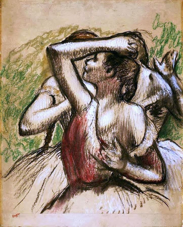 Edgar Degas Three Ballet Dancers  One with Dark Crimson Waist Wrapped Canvas