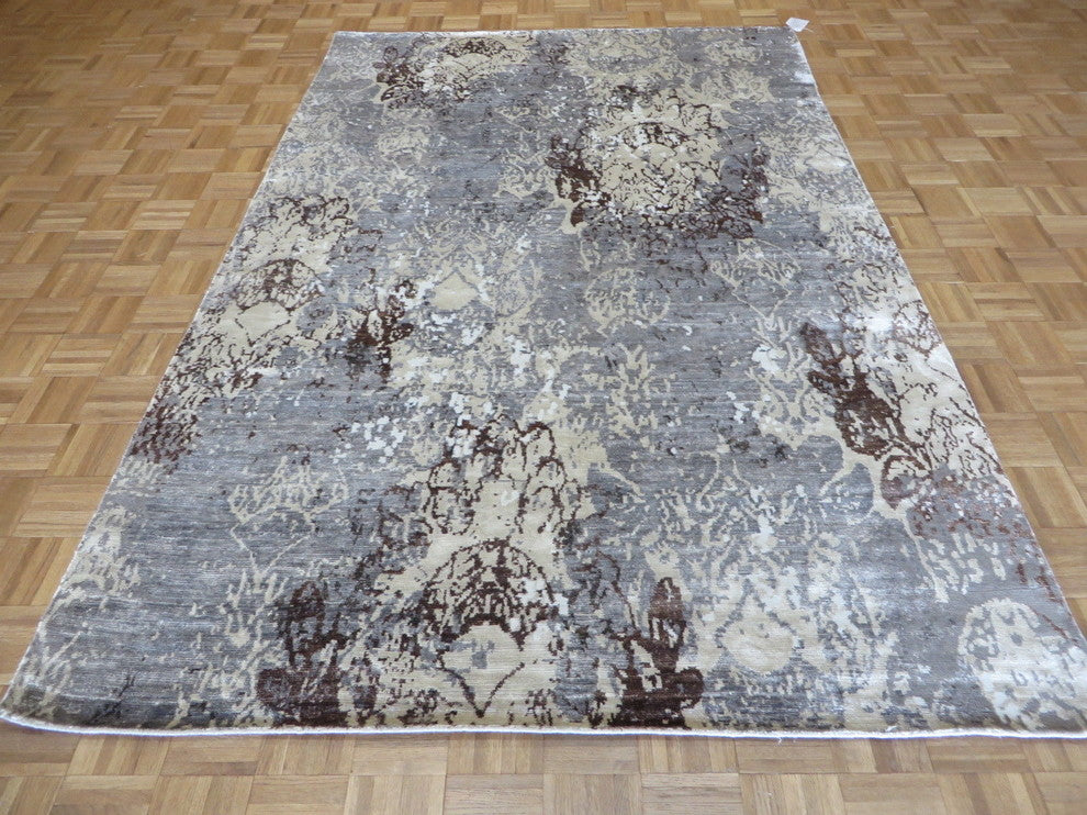 6x9 Handmade Gray Modern Abstract Oriental Rug With Silk