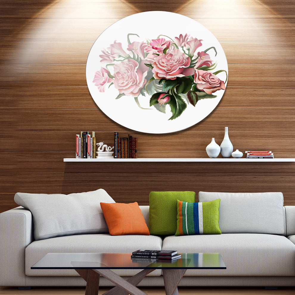 Pink Rose Bouquet Watercolor, Modern Floral Round Wall Art, 36"