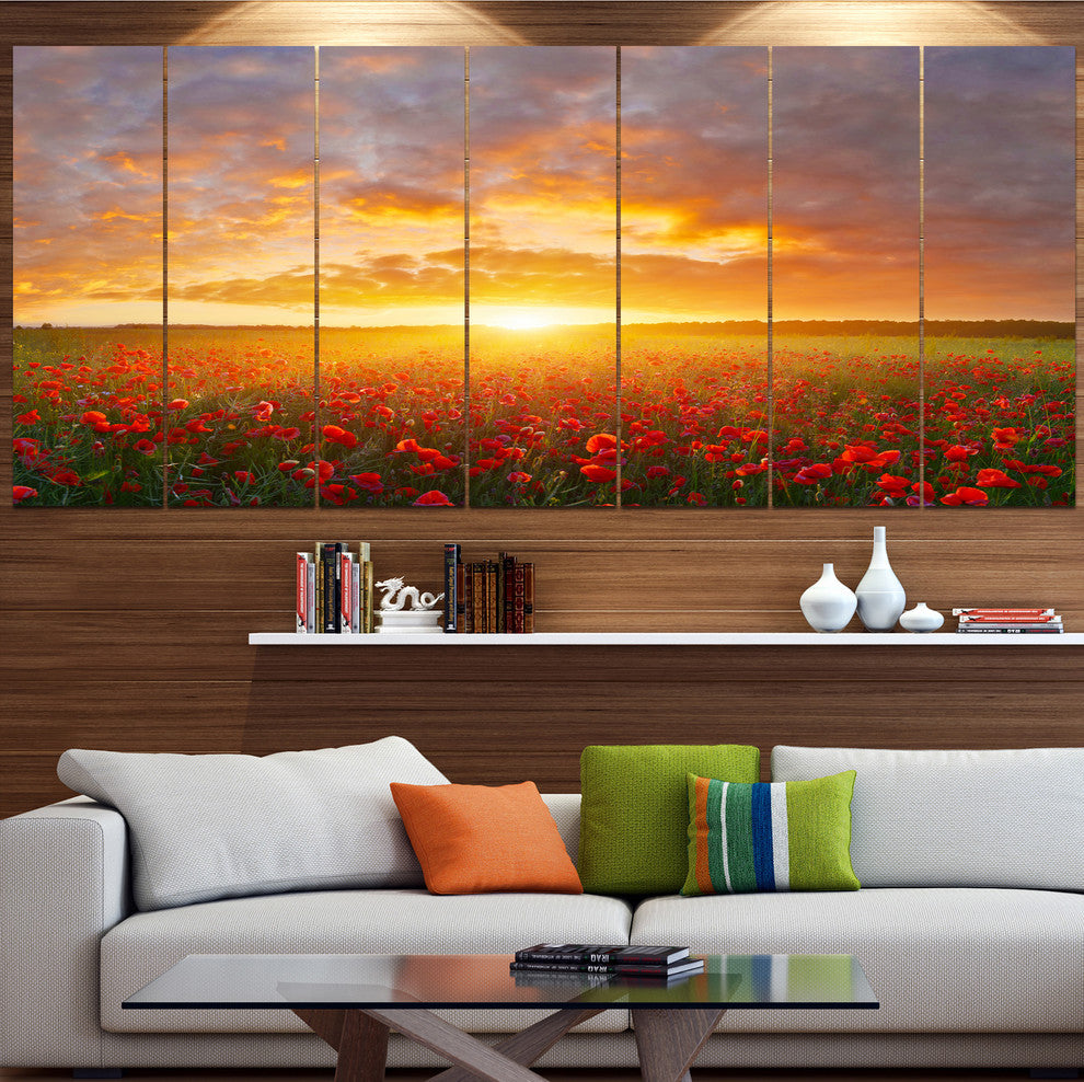 Poppy Field under Bright Sunset, Landscape Canvas Art Print, 83"x32", 7 Panels