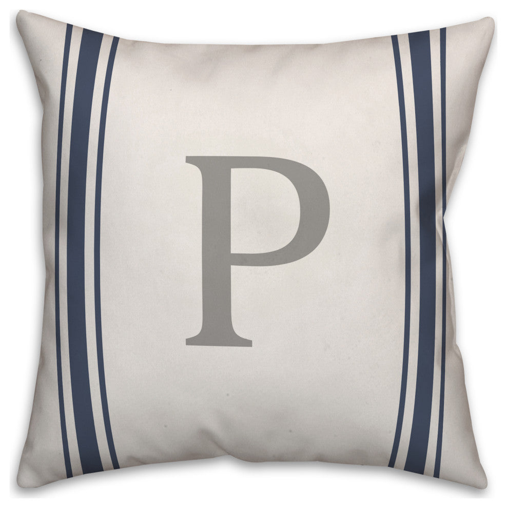 Blue Farmhouse Stripe Monogram - P 18x18 Spun Poly Pillow