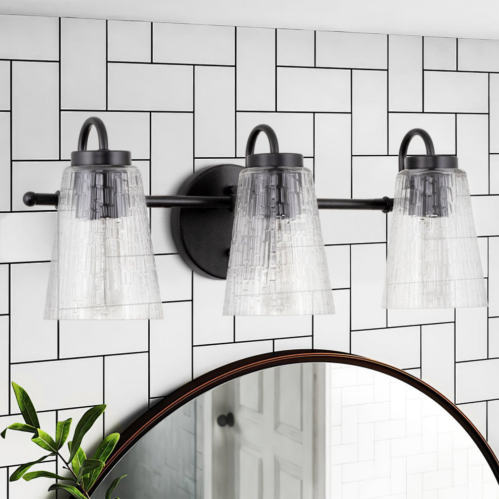 Kira Home Chatham 20" 3-Light Bathroom Light + Textured Glass Shades, Black