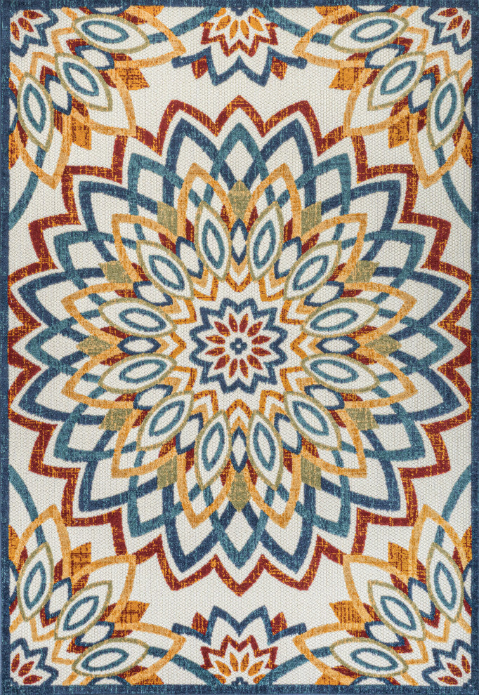 Flora Abstract Bold Mandala High-Low Indoor/Outdoor Area Rug, Red/Blue/Yellow