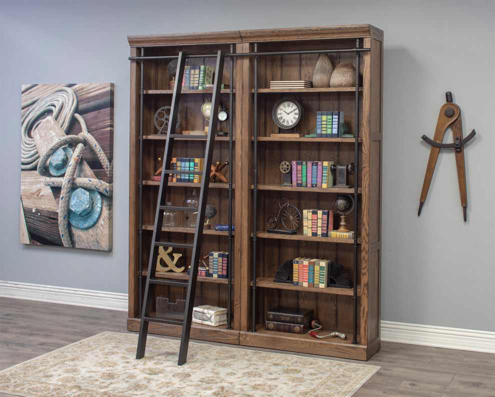 8' Tall Bookcase Wall With Ladder, Storage Organizer, Brown