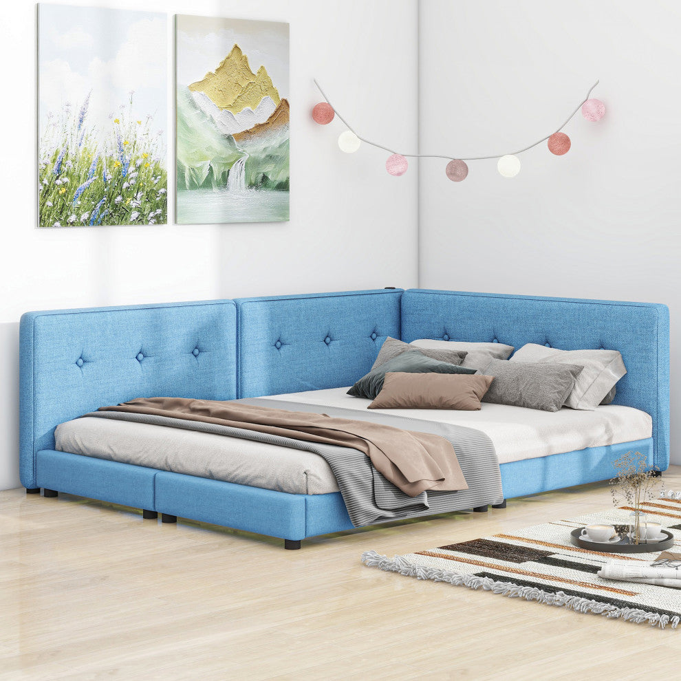 Gewnee Upholstered Queen Size platform bed with USB Ports
