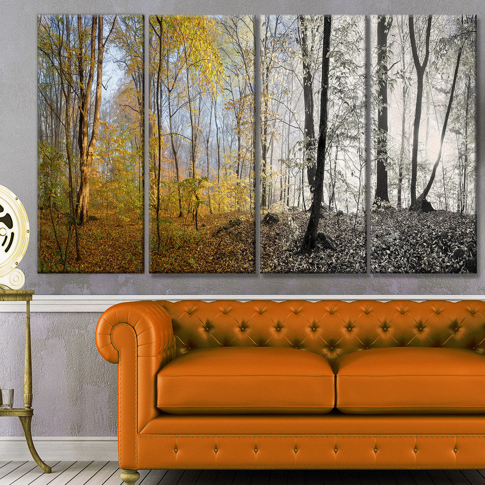 Yellow Morning in Forest Panorama, Landscape Canvas Art Print, 48"x28", 4 Panels
