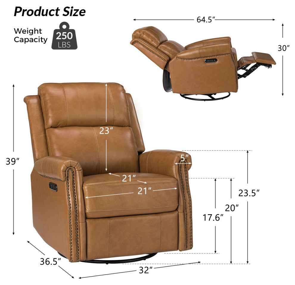 Kaietan Genuine Leather Power Rocking Recliner, Camel