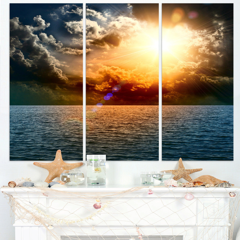 "Yellow Sunset in the Middle of Ocean" Beach Metal Wall Art, 3 Panels, 36"x28"