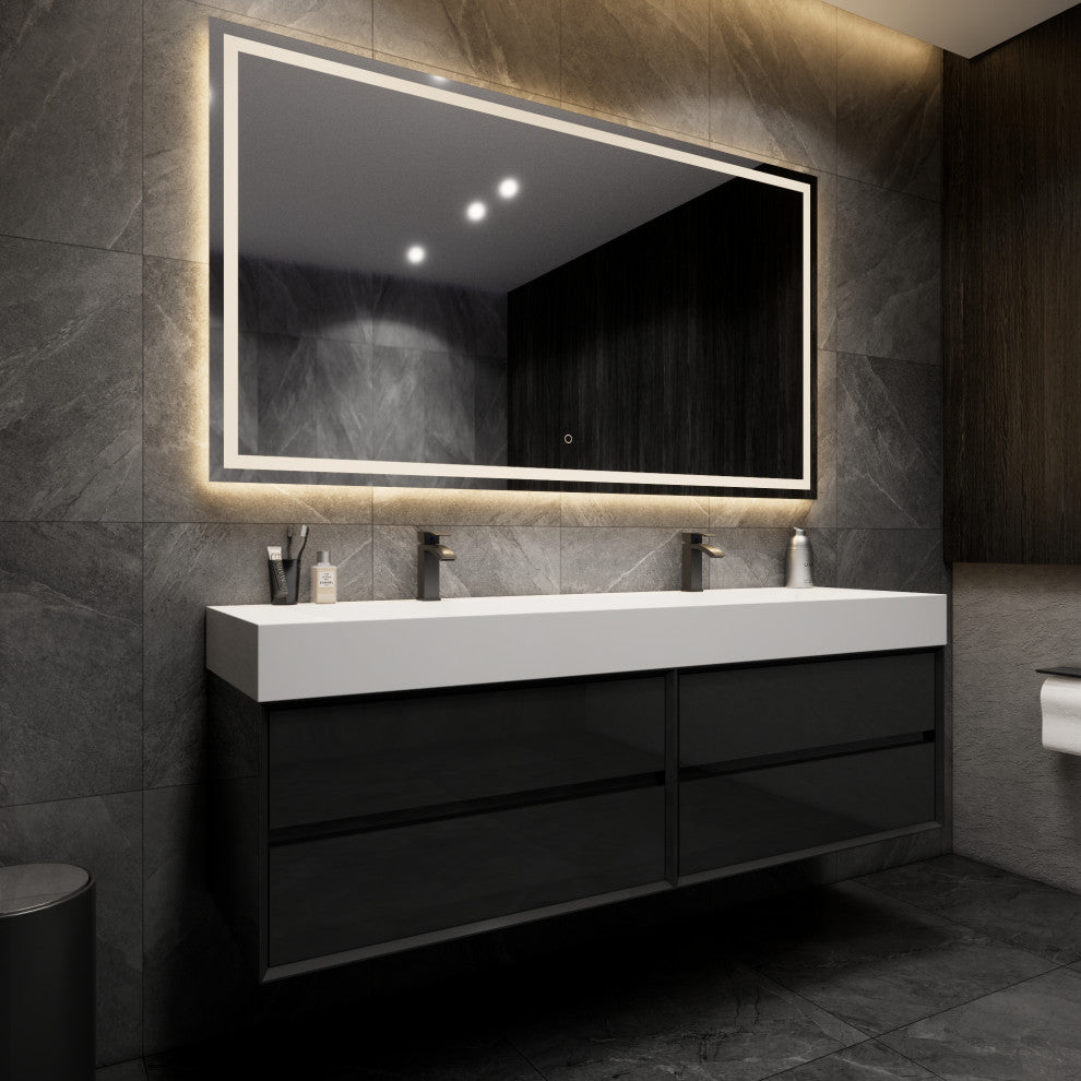 MAX 72" Double Floating Bath Vanity With Acrylic Sink, Gloss Black