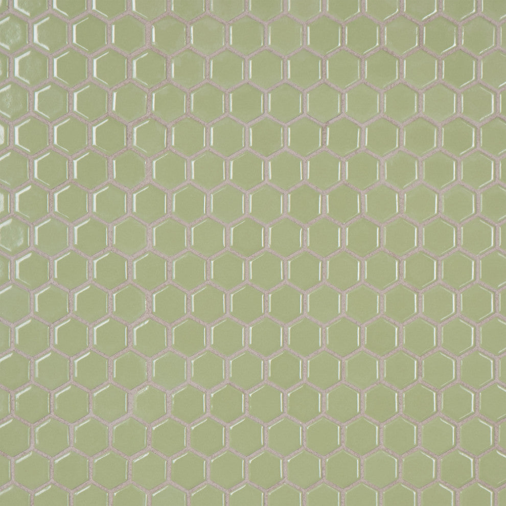 Metro 1" Hex Porcelain Mosaic Floor and Wall Tile, Glossy Olive