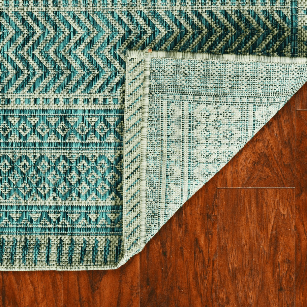8' Round Teal Geometric Pattern Indoor Outdoor Area Rug
