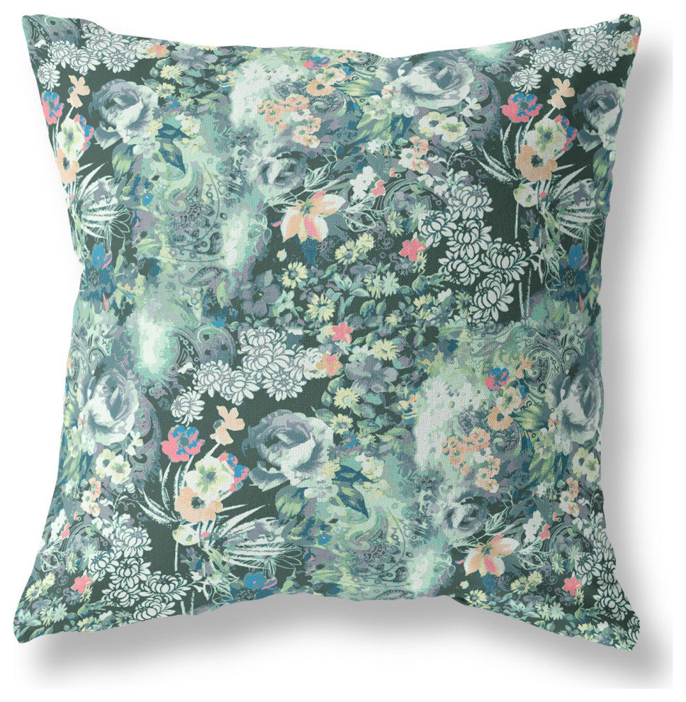 16" Green Black Springtime Indoor Outdoor Throw Pillow