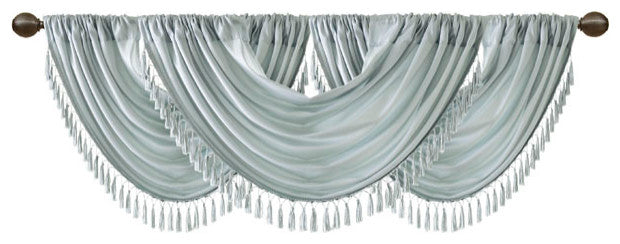 Madison Park Elena Silky Sheer Window Valance with Tassels, Bronze, Dusty Blue