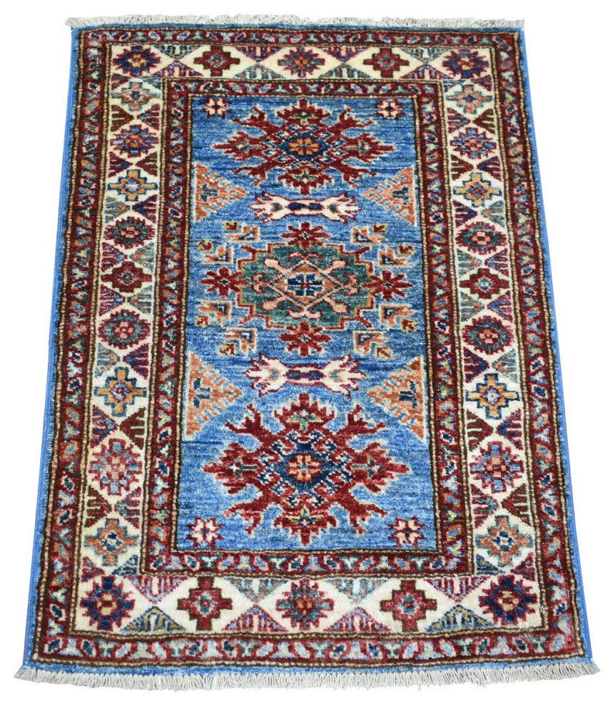 Blue Pure Wool Hand Knotted Geometric Caucasian Super Kazak Mat Rug, 2'1"x2'10"