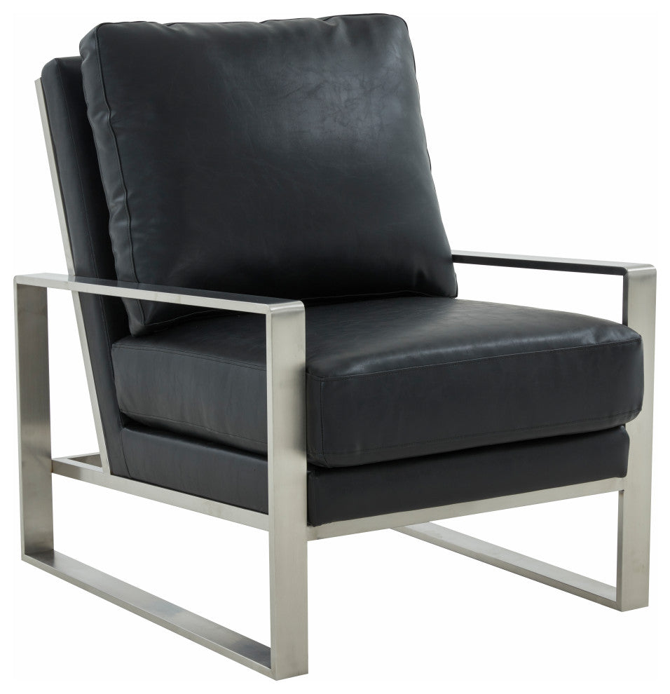 LeisureMod Jefferson Faux Leather Accent Armchair With Silver Frame, Black