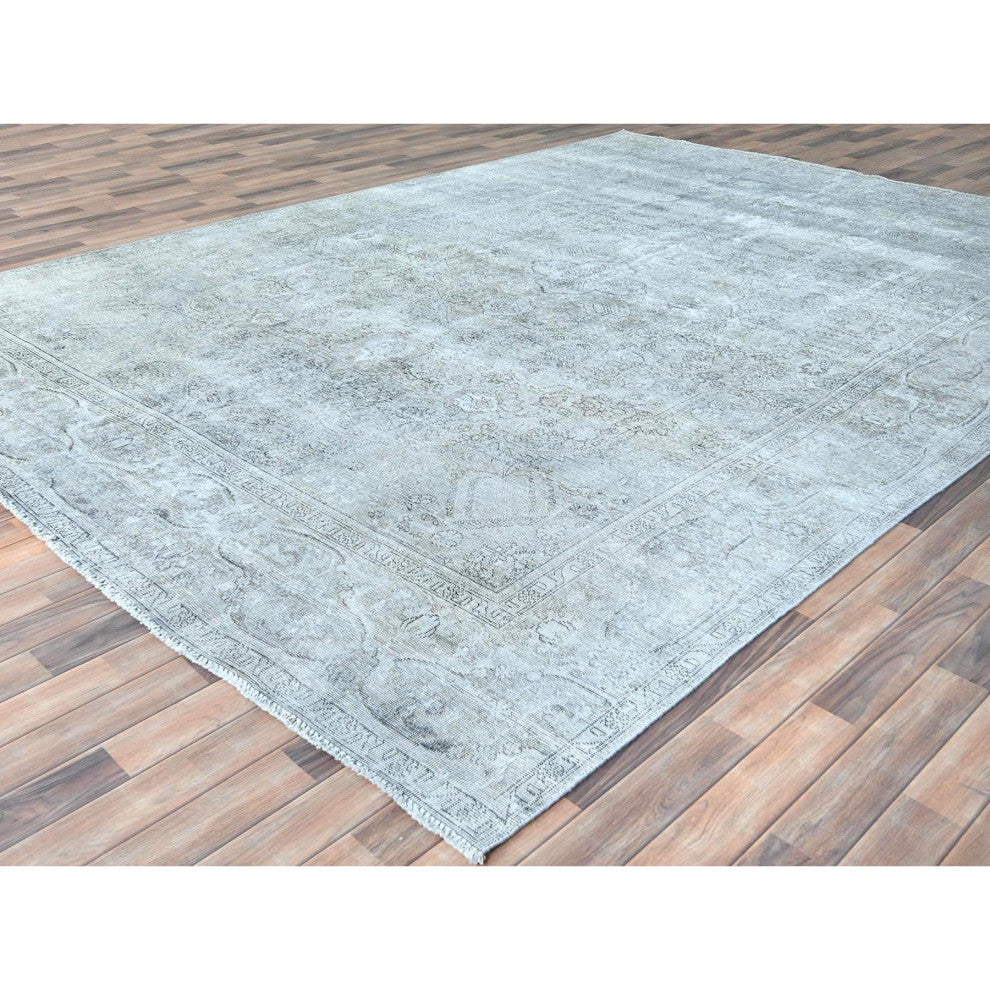 Blueish Gray, Worn Wool Hand Knotted, Vintage Persian Tabriz Rug, 9'4"x12'3"