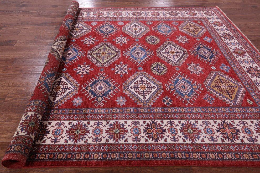 Super Kazak Geometric Hand Knotted Wool Rug 8' 8" X 12' 2" Q9526