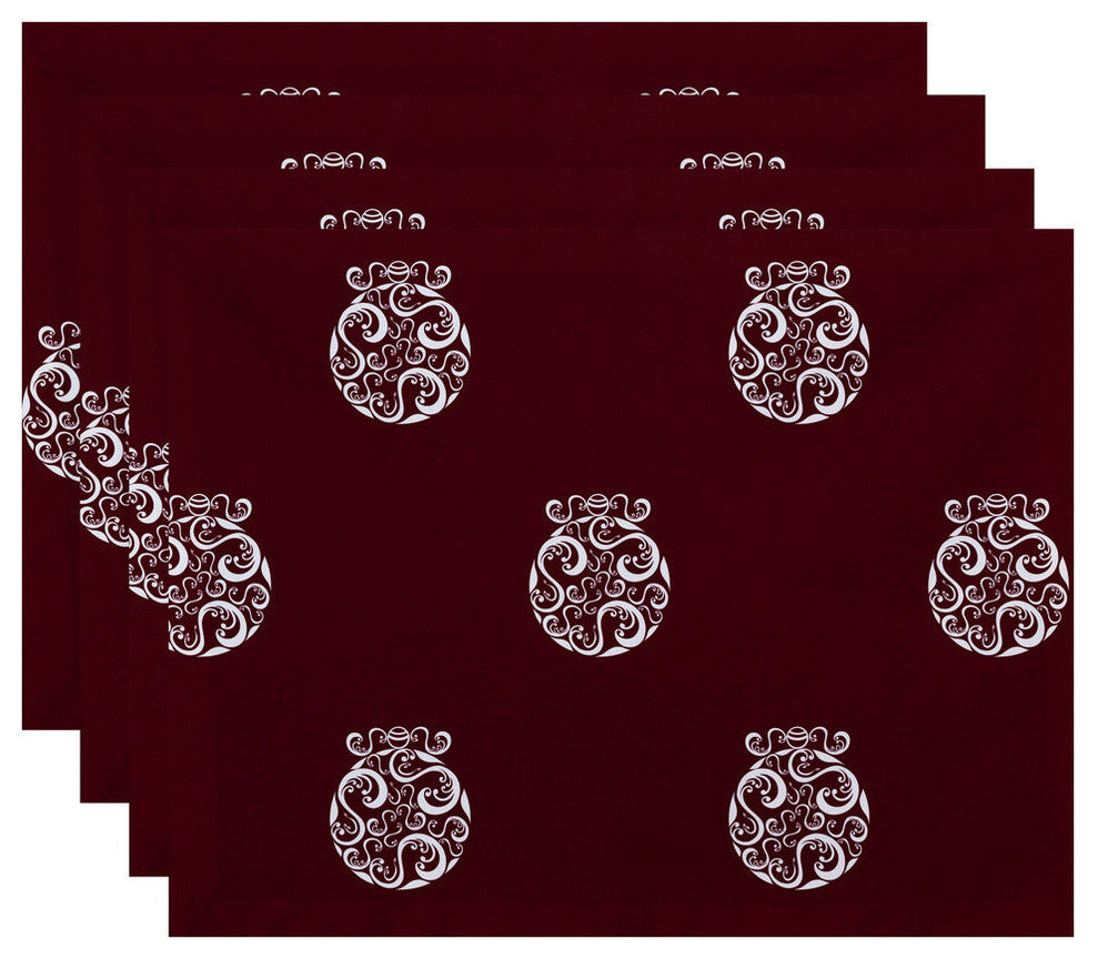 Fancy-Bulb, Holiday Print Placement, Cranberry And Burgundy, Set of 4