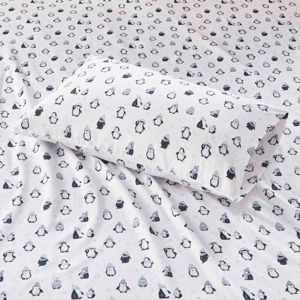 Intelligent Design Cozy Soft Cotton Flannel Printed Sheet Set, Blue Penguins