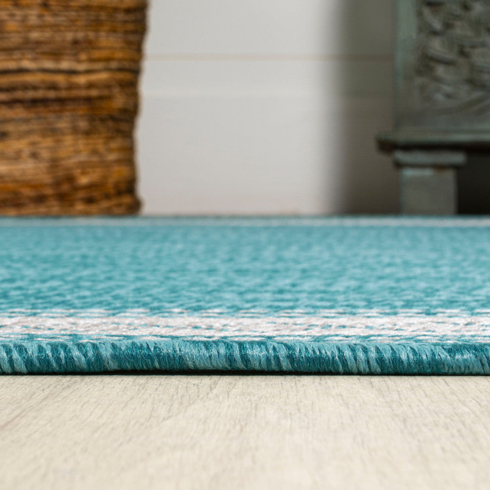 Lucia Classic Diamond Border Indoor/Outdoor Area Rug, Aqua/Light Gray, 8x10