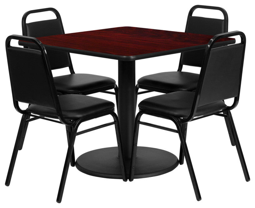 Dyersburg 5pcs Table Set Square 36" Mahogany Laminate, Black Banquet Chair
