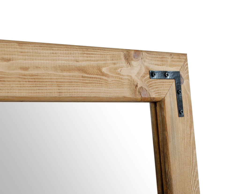 Natural Wood Framed With Metal Corner Bracket Mirror, Light