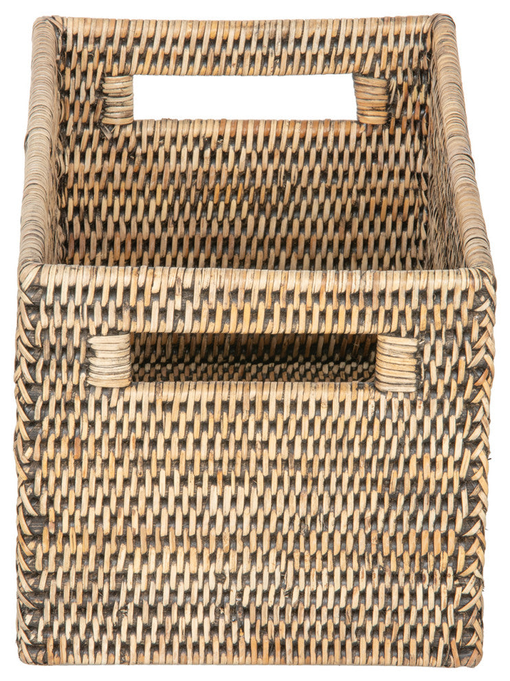 La Jolla Rattan Shelf Basket with Handles, Small, Black-Wash