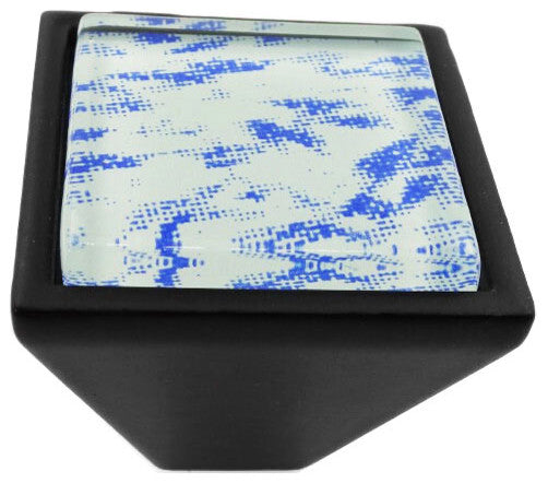 Hand Brushed Surreal Blue Clouds Crystal Glass Black Metal Square Frustum Knob