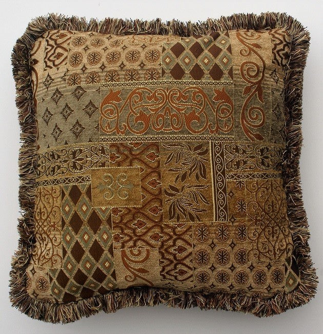 Gold And Brown Transitional Throw Pillow With Fringe, 17x17