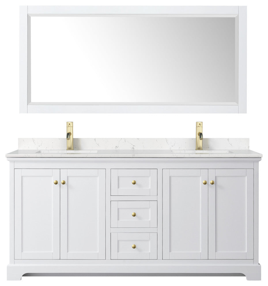 72"DBL Vanity White, Light-Vein Carrara Cult. Top, Sinks, 70"Mirror, Gold Trim