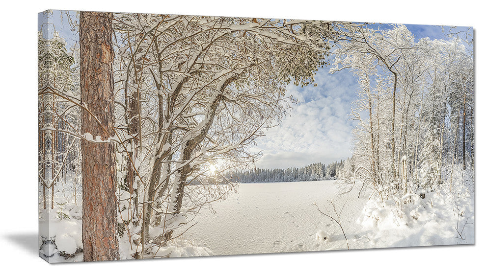 Lake in Winter Woods, Landscape Canvas Art Print, 60"x28"