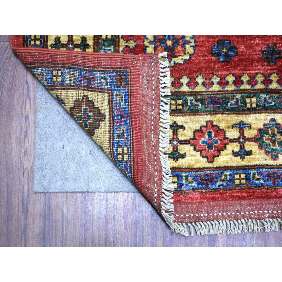 Red Afghan Ersari with Geometric Design, Pure Wool Oriental Rug, 5'7" x 7'7"