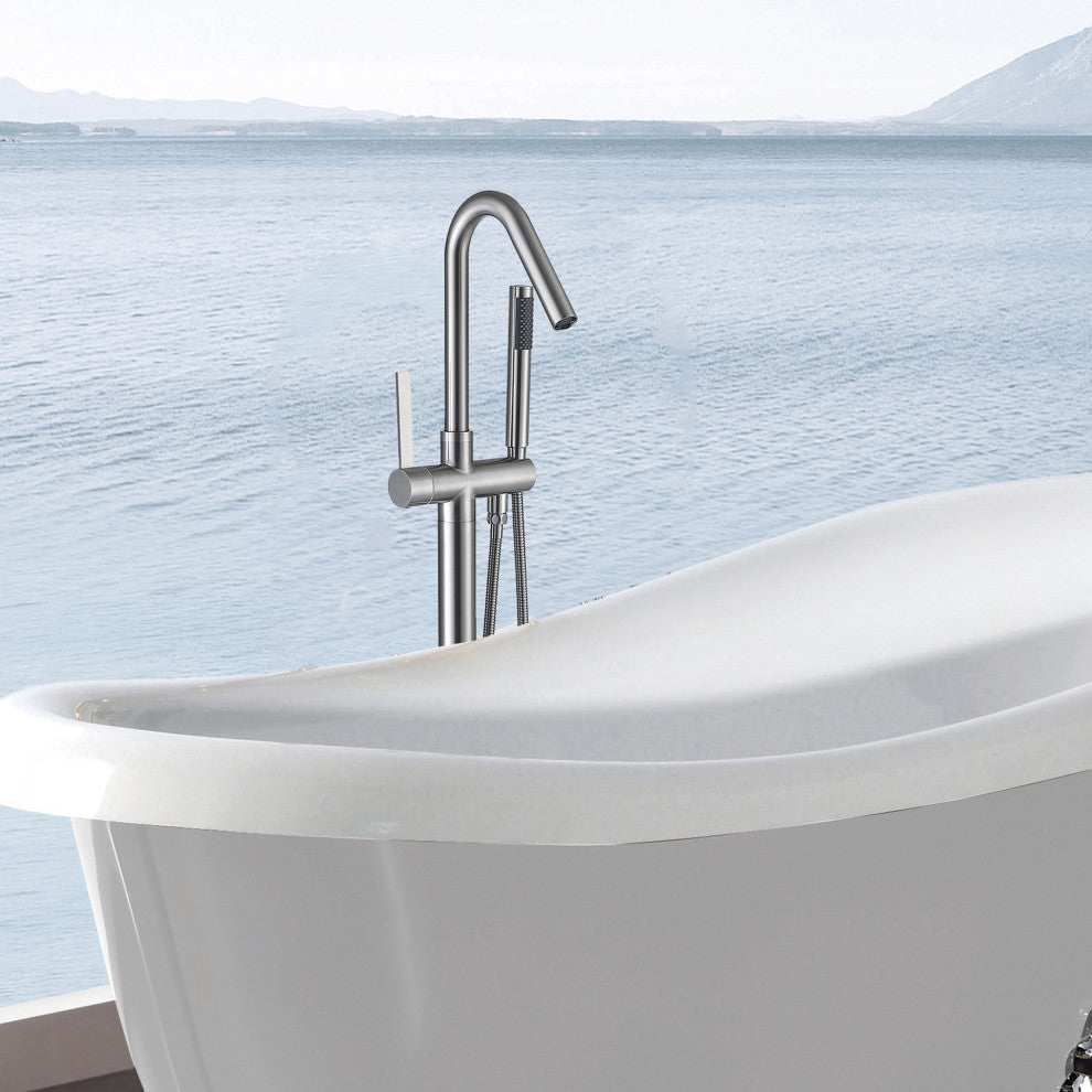 Floor Mounted Stainless Steel Handle Bathtub Faucet, Handheld, Brush Nickel