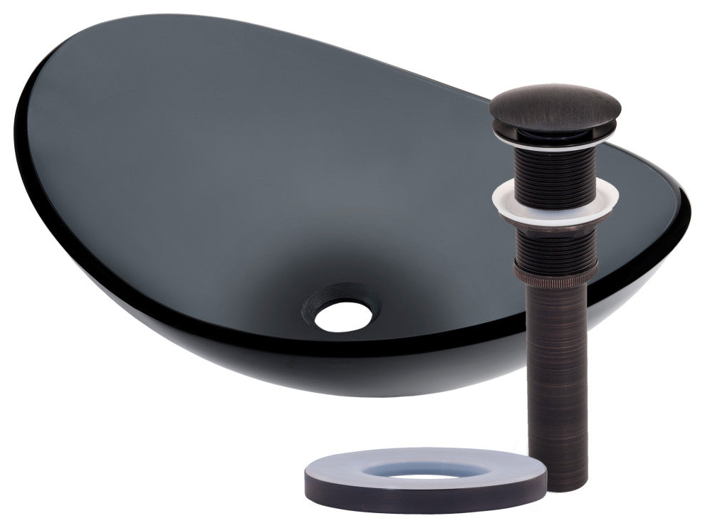 Bigio Clear Slate Grey Oval Slipper Tempered Glass Vessel Sink with Drain, Oil Rubbed Bronze
