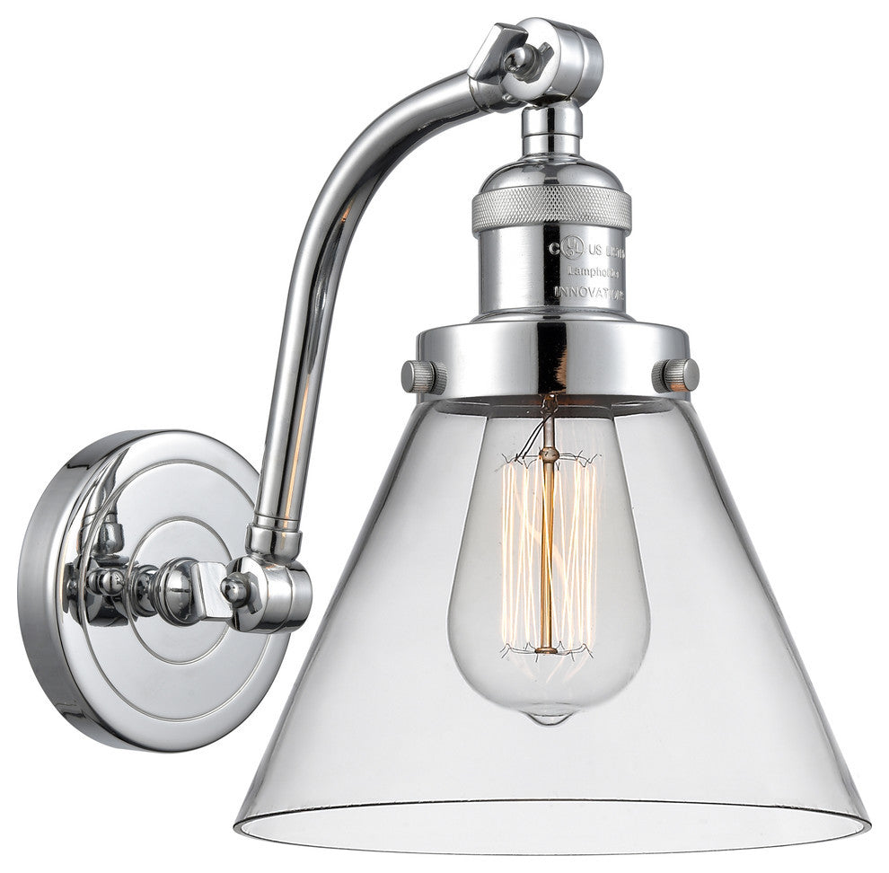 1-Light Large Cone 8" Sconce, Polished Chrome, Glass: Clear