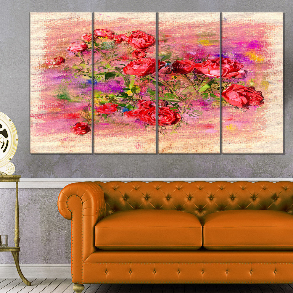 Roses Pastel Chalk Illustration, Floral Art Canvas Print, 48"x28", 4 Panels