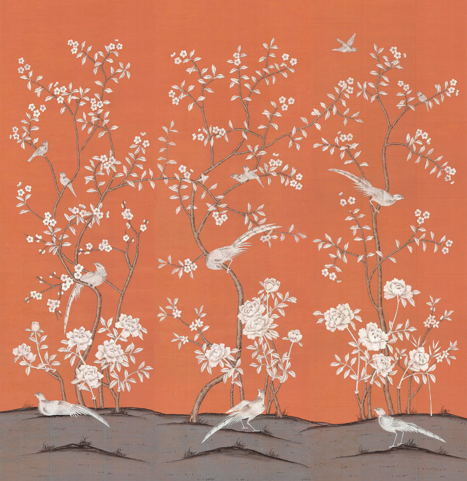 Chinoiserie Wall Mural Maysong Paris, Orange, 90" Wide by 96" Tall