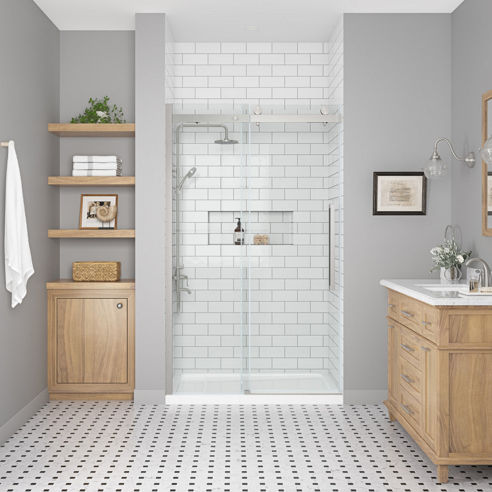 Bel Soft-Close Frameless Sliding Soft Close Shower Door, Satin Nickel, 48"