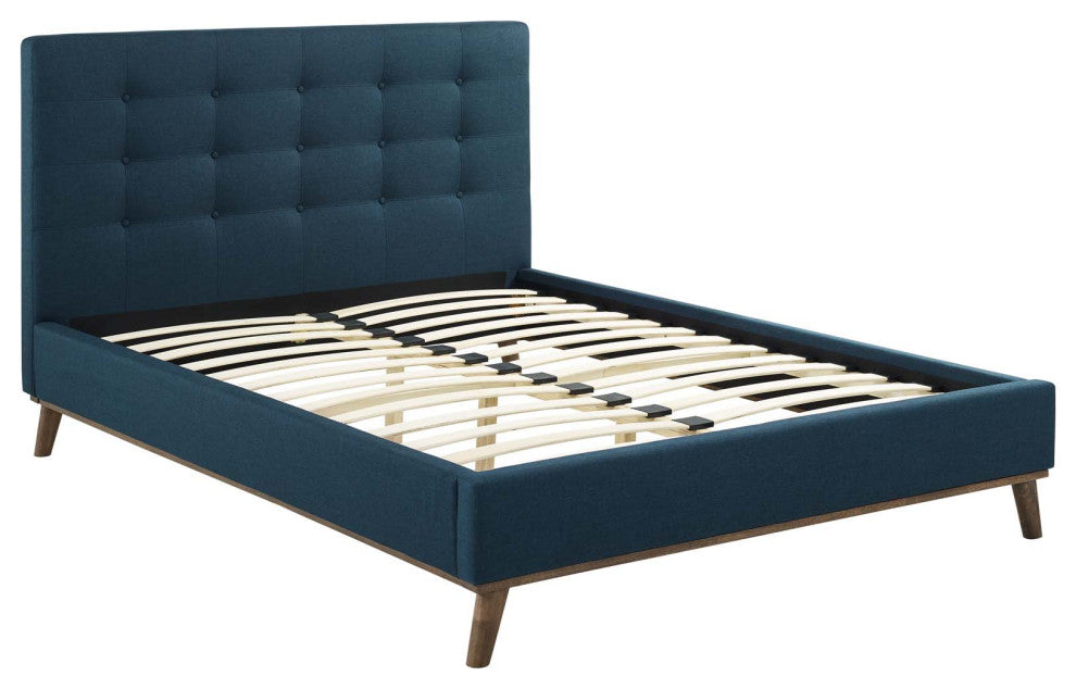 McKenzie Queen Biscuit Tufted Upholstered Fabric Platform Bed Blue