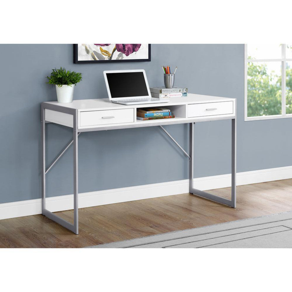 Computer Desk - 48"L / Modern White / Silver Metal