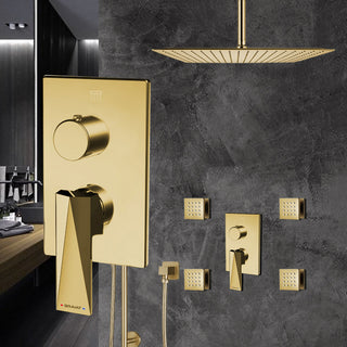 Bravat Brushed Gold Square Shower Set, Valve Mixer 3-Way Concealed Ceiling Mount
