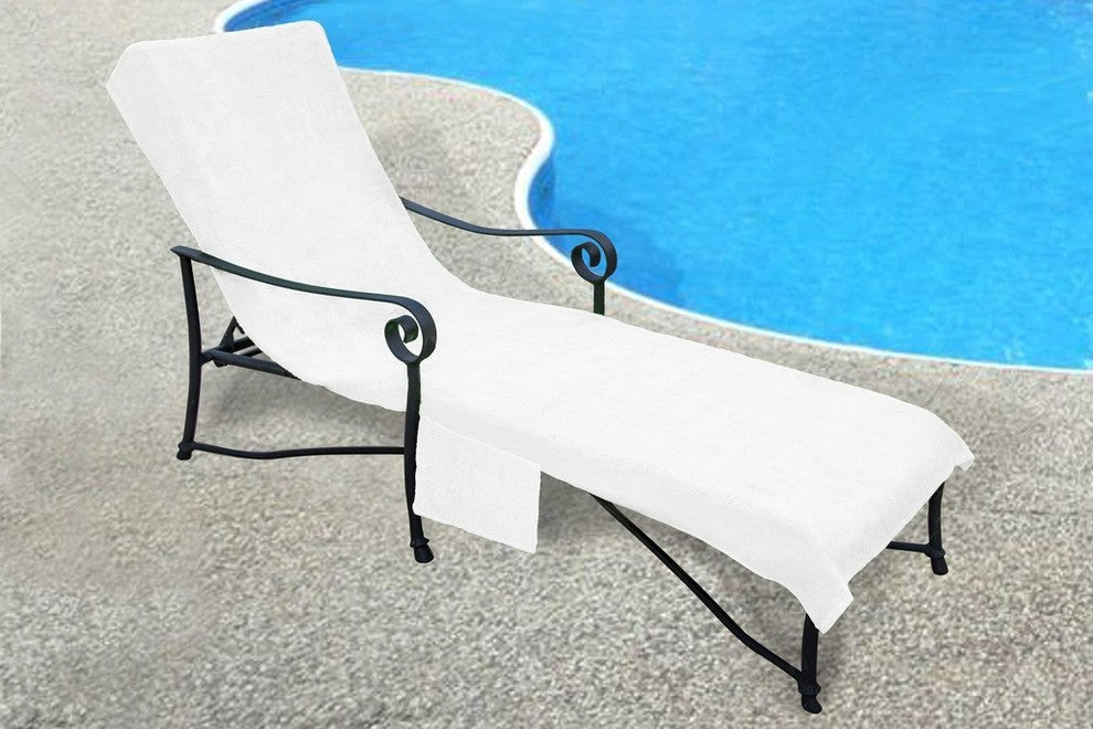 Pool Side Outdoor Lounge Chair Cover With 10" Back and Side Pocket, White, 30"x8