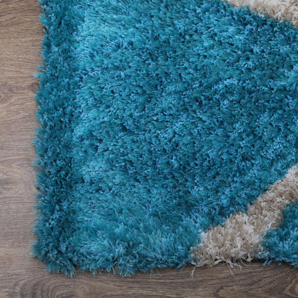 HAND TUFTED SHAG POLYESTER ECO-FRIENDLY AREA RUG,Turquoise White Color,Geometric