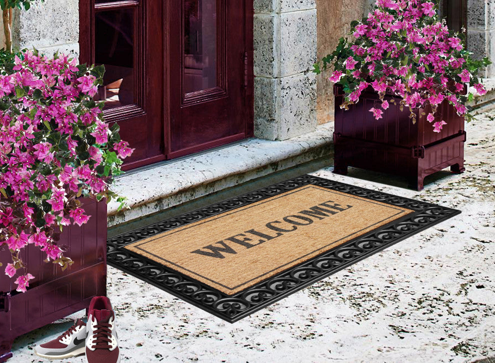 A1HC Rubber and Coir Welcome Paisley Border Double Door Doormat 30"x48", Black