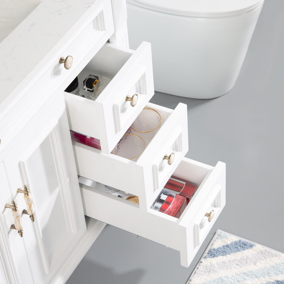 Solid Wood Bathroom Vanity with Quartz Top and cUPC Certified Sink, White, 36 Inch