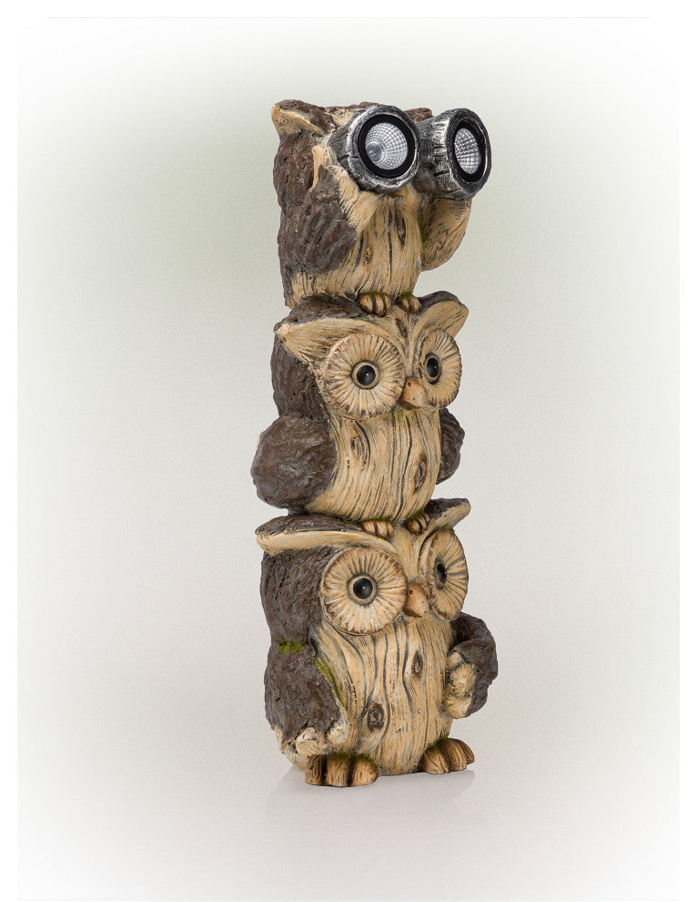 Solar 3-Stacked Binocular Owls Statue with LED Lights